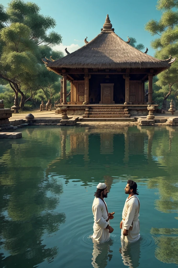 two men in front of a hut with a thatched roof, from ramayan, ancient kings in white robes, ghutra and egal, temple background, holy man looking at ground, submerged temple ritual scene, hindu kovil scene, still from a fantasy movie, by Wayne England, screenshot from game, powerful scene, screenshot from the game, animation film still
