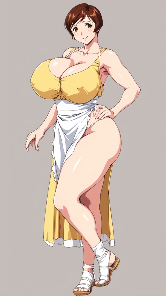 masterpiece, highest quality, High resolution, One girl, solo, sexual intercourse, Pornographic images, short hair, etsukoto, brown Eyes, fine grain, fine grain, (((Thick thighs, Plump thighs, Voluptuous thighs, Thighs alone are enough))), Huge and ample breasts, Cleavage, big long breasts, Naughty big,((big breasts are important))、((Naughty thighs)), L Cup, (thin:1.4),(Tight waist:1.4), (yellow dress:1.4), smile, ((white waist apron)), white panties, (((Simple Background))), ((Wide Hips)), Shiny, Oily skin, Mature mother, Calf, Seductive mature woman, milf, Perfect body, Plus Size Model, curvy, ample, etsukoto, blush, clavicle, retro artstyle, 1990s (style), (thick thighs:1.4), Bare legs, (from side:0.8), full body, feet, nsfw,