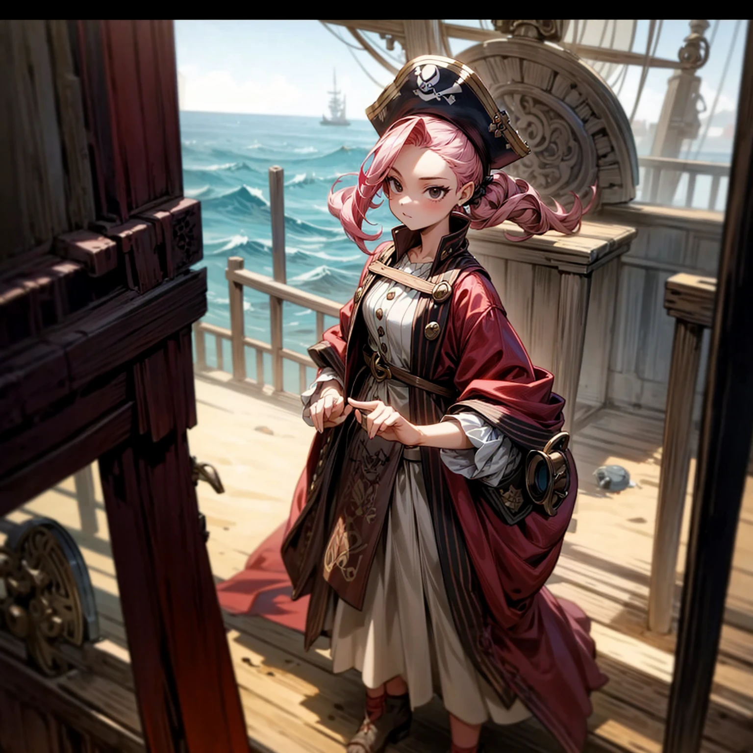 1girl, Full body version, 1character, girl version, black eyes, long Curly haircut, pink colour hair, ancient pirate style clothing, red colour clothing, Grassroots, background in the ship, motion blur, (pokemon style), standing gesture, pirate hat,