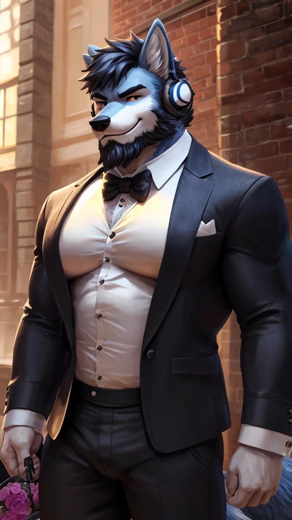 ((best quality)), ((masterpiece)), (Ultra detailed), ((4k)) , Solo , Anthro Wolf , Light Blue Fur , Black Short Hair , Beard , Handsone , Middle Ages , Muscle Big Pecs , Headphone , Tuxedo , Black Jean , Smirk , Stand Alone , Grab Iris Flower