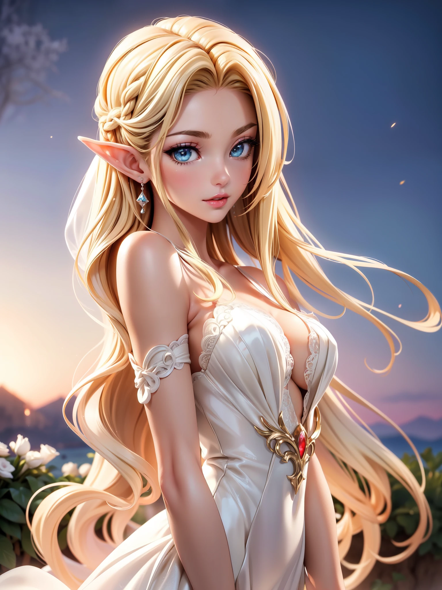 (masterpiece, best quality, beautiful and aesthetic:1.3), (A beautiful elf lady), look back, side view, 1 elf girl, (solo:1.3), light smile, (honey blonde hair streaked beige:1.4), (Gradient sliver hair ends:1.6), hair strand, absurdly long hair, single sidelock, wavy hair, shiny hair, floating hair, (sky blue eyes), delicate eyes, aqua eyes, super high detailed eyes, long upper eyelashes, eyes makeup, red lips, elf up-turn pointy ears, Focus on face, Very detailed facial, (Pretty Face:1.3), Perfect medium chest, slim body, porcelain skin, (Delicate skin texture:1.2), (Highly detailed skin:1.2), bridal veil, lace-trimmed dress, see-through, wedding dress, (outdoors), white roses, garden, (morning), detailed background, beautiful background, standing, whole body, extreme detailed, Edge lighting, two color lights, 8K UHD, Bokeh, イーブイの絵, soft light, Volumetric lighting, confess, warm tone