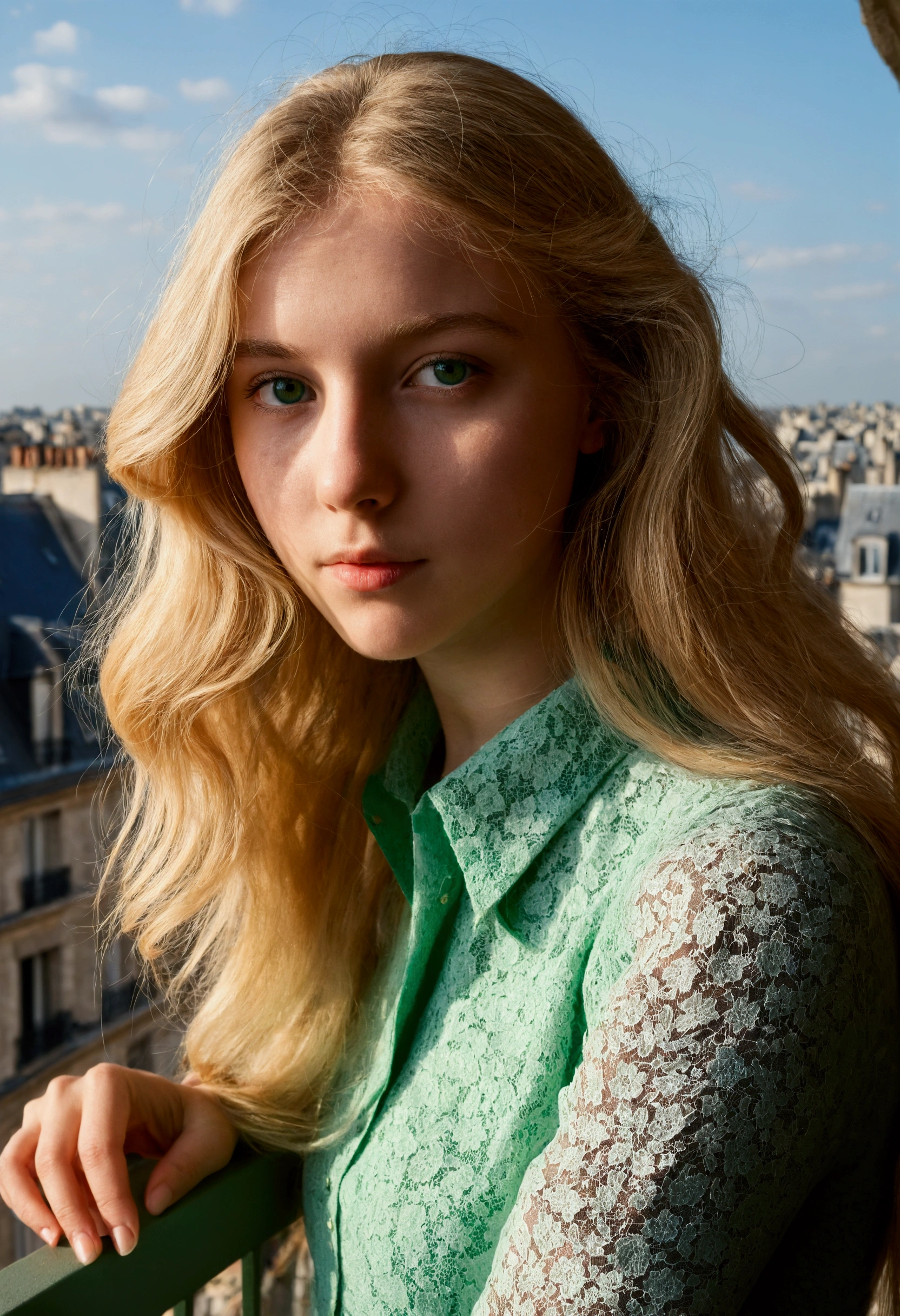 Photo sur un balcon à Paris, une fille de 20 ans super réaliste, longs cheveux blonds, poitrine large et prononcée, yeux verts, une poupée