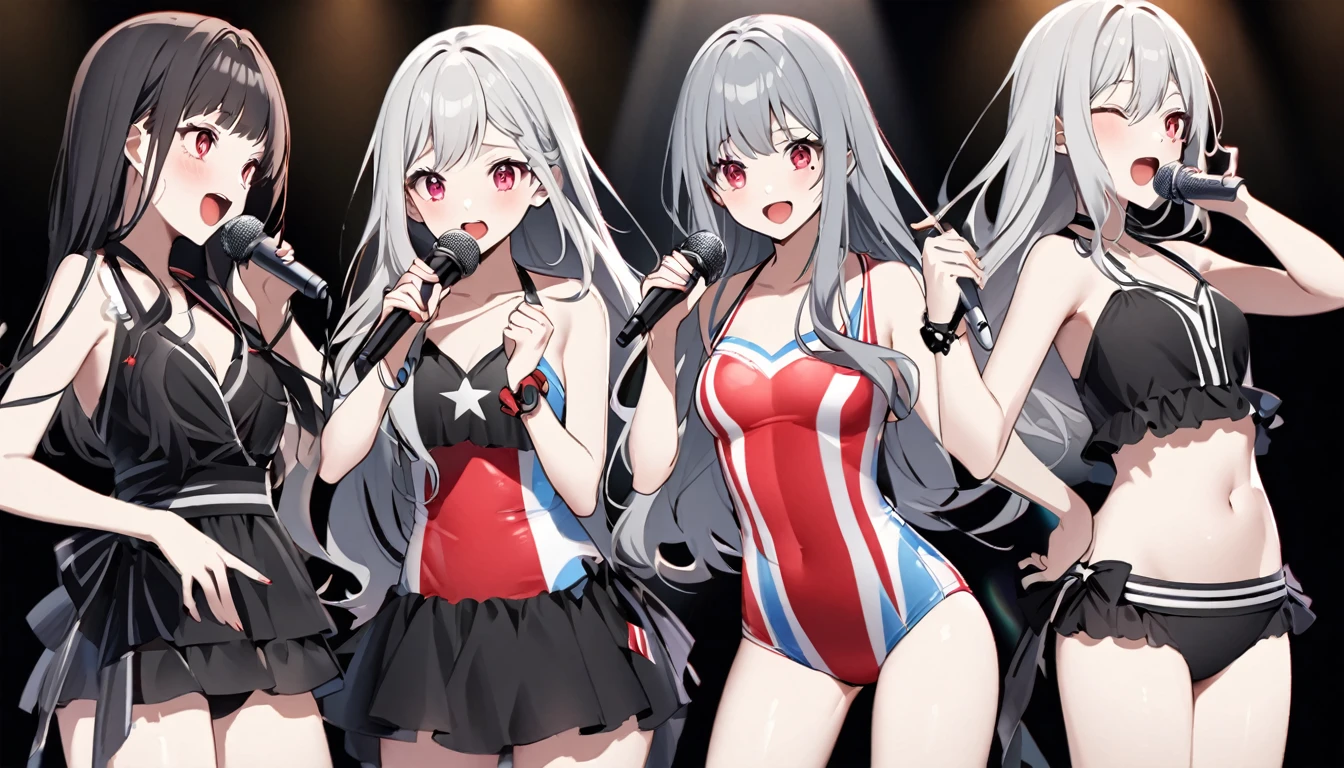 Teen Girl Characters。gray hair color、Glowing red eyes、Long Hair、There is a mole under the left eye。Without background、Depict only one person。Seaside、Swimsuit、Singing with a microphone