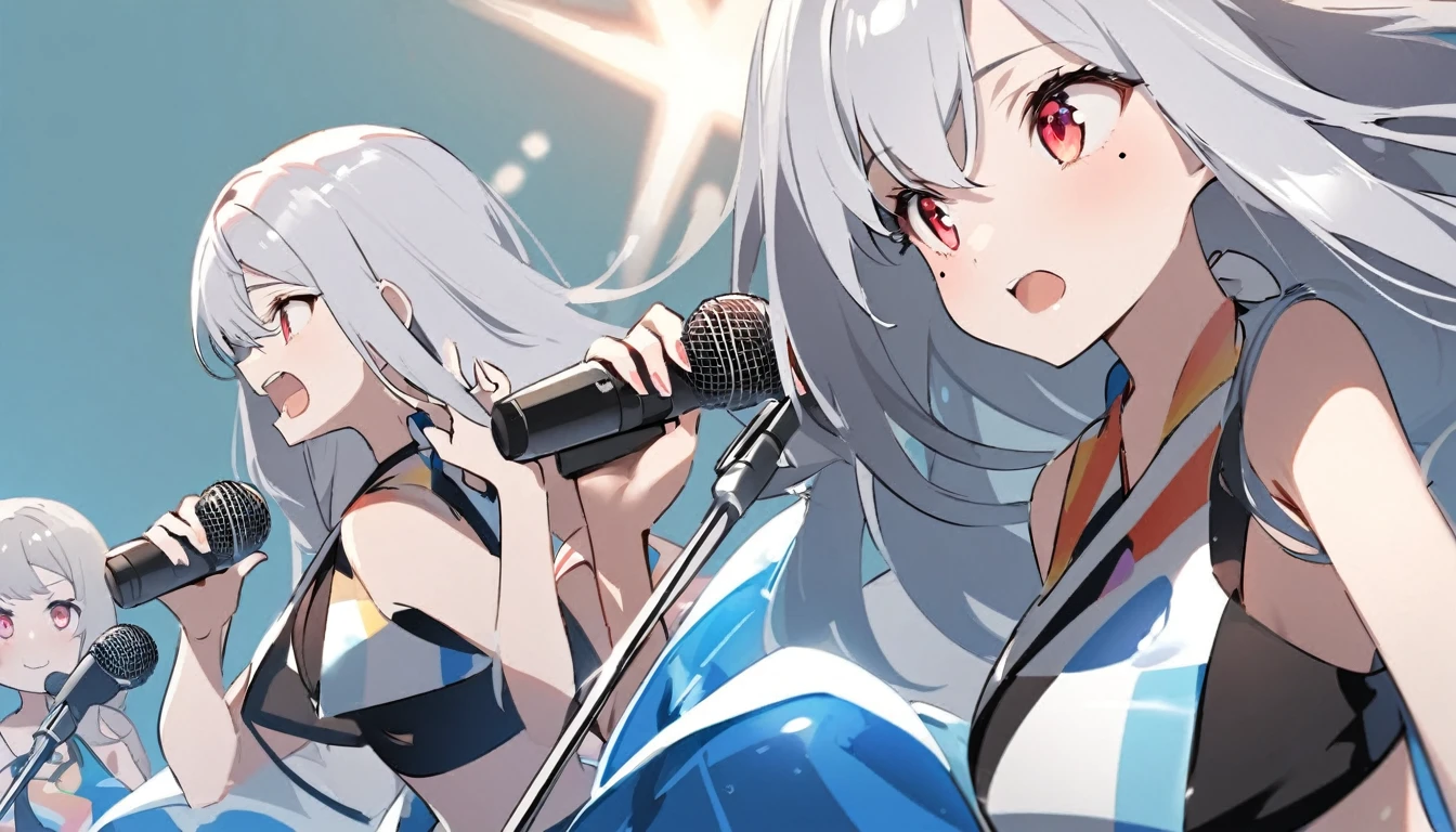 Girl Characters。gray hair color、Glowing red eyes、Long Hair、There is a mole under the left eye。Without background、Depict only one person。Seaside、Swimsuit、Singing with a microphone