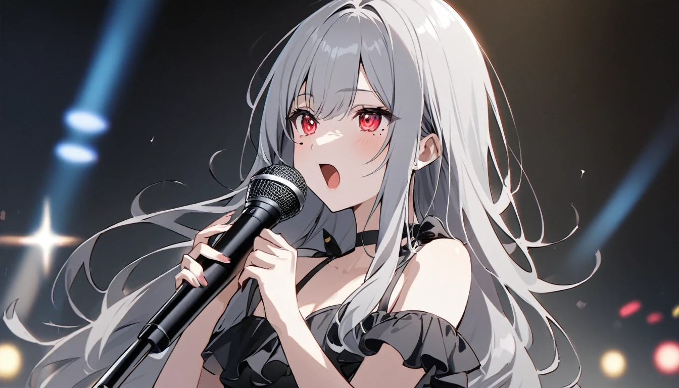 Girl Characters。gray hair color、Glowing red eyes、Long Hair、There is a mole under the left eye。Without background、Depict only one person。Seaside、Swimsuit、Singing with a microphone