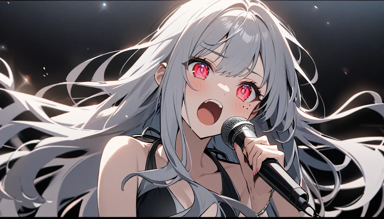 Teen Girl Characters。gray hair color、Glowing red eyes、Long Hair、There is a mole under the left eye。Without background、Depict only one person。Seaside、Swimsuit、Singing with a microphone