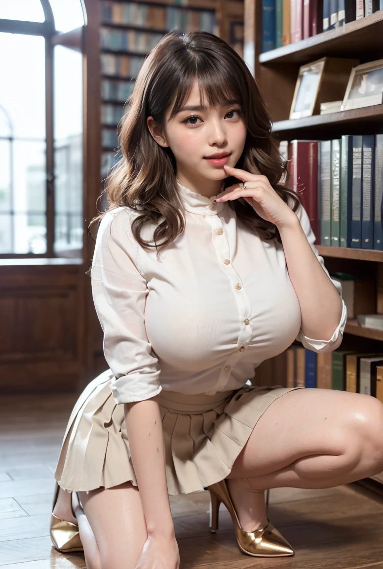 (((neat woman, perverted:1.9,hand on mouth,deep make up:1.8,touch own nipples over clothes:1.9,little pussy juice:1.9))),(((leaning forward,from below,huge breasts:1.8,kind smile:1.8,blush:1.8,deep cheek:1.8))),please touch me,eat me,tempting viewer,i want you))),(((blush,blush,deep cheek,deep cheek)))),(cinematic lighting), (Photo real:1.4)、(A hyper-realistic:1.4)、(Photorealistic:1.3)、 (gentle lighting: 1.05)、(Improve the lighting quality of your video:0.9)、 32k、25years old woman、photorealistic lighting、Back lighting、Facial Lights、Ray Trace、(bright:1.2)、(Increase quality:1.4)、 (best quality real texture skin)、Fair eyes,delicate face、 Close-up of the face, ((((Wearing the tight white collared-shirts,high-neck,pleated beige skirt,high-heel:1.4))),(Bodyline mood improvement:1.1)、Glossy skin、good figure,perfect anatomy,Beautiful actress,(((beautiful huge soft breasts:1.8,huge breasts,slender waist,slender hip,long slender legs,8heads tall))),(((8heads tall))),(((brown wavy midium hair,bangs))),(((sweat skin,shiny skin,in the beautiful library,super clean night view,in the night))),