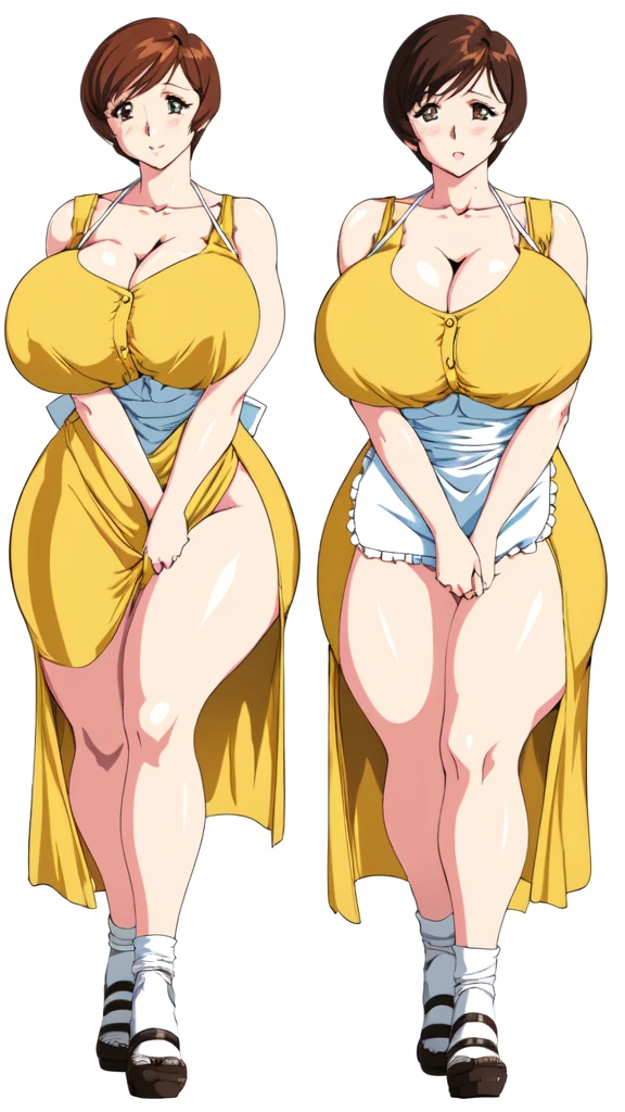 masterpiece, highest quality, High resolution, One girl, solo, sexual intercourse, Pornographic images, short hair, etsukoto, brown Eyes, fine grain, fine grain, (((Thick thighs, Plump thighs, Voluptuous thighs, Thighs alone are enough))), Huge and ample breasts, Cleavage, big long breasts, Naughty big,((big breasts are important))、((Naughty thighs)), L Cup, (thin:1.4),(Tight waist:1.4), (yellow dress:1.4), ((white waist apron)), white panties, (((Simple Background))), ((Wide Hips)), Shiny, Oily skin, Mature mother, Calf, Seductive mature woman, milf, Perfect body, Plus Size Model, curvy, ample, etsukoto, blush, clavicle, retro artstyle, 1990s (style), (thick thighs:1.4), Bare legs, ((bursting breast)), firm breasts, full body, feet, nsfw,