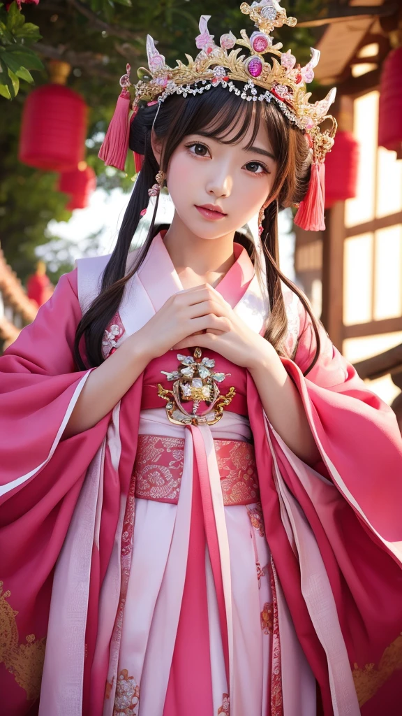 love affair　goddess　crown　Pink　Shrine maiden&#39;s attire　Low exposure　Holding a heart-shaped stone in both hands at chest level　looking at the camera