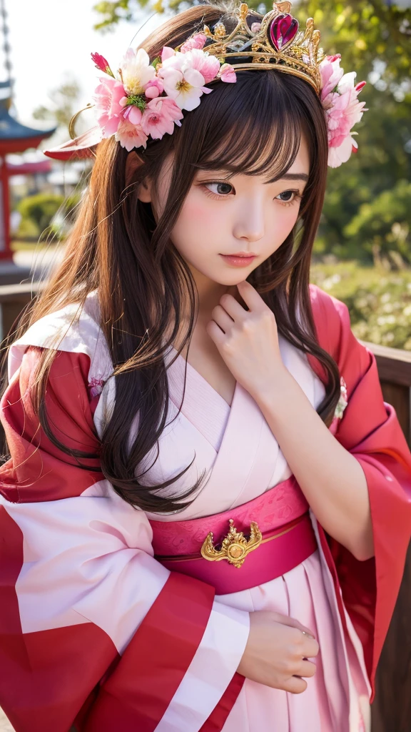 love affair goddess crown Pink Shrine maiden's attire Low exposure Holding a heart-shaped stone in both hands at chest level looking at the camera