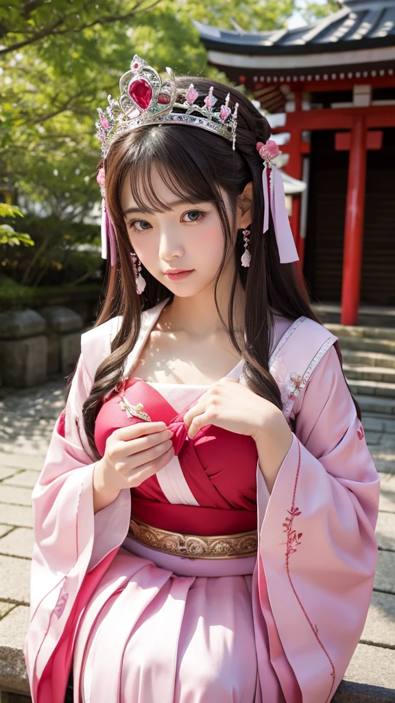love affair goddess crown Pink Shrine maiden's attire Low exposure Holding a heart-shaped stone in both hands at chest level looking at the camera