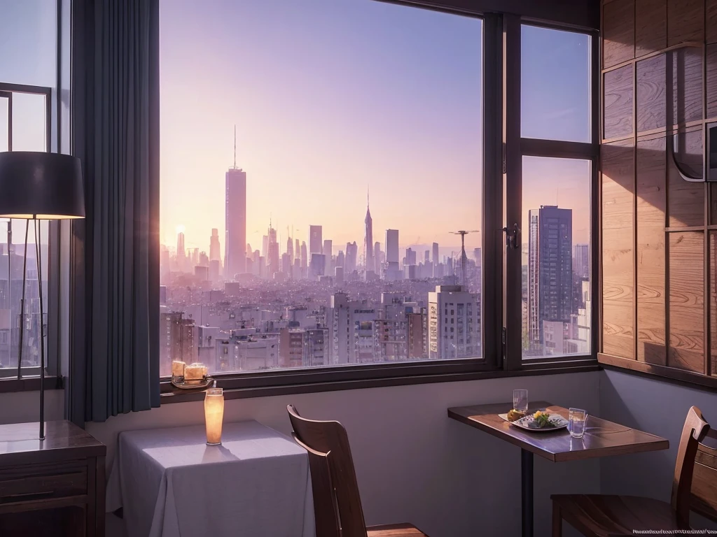 There is a table in the room，A view of the city, Anime Background art, Shinkai Makoto Studio, beautiful Anime Landscape, Anime Landscape concept art, Anime Landscape, Makoto Shinkai&#39;s style, anime art wallpaper 8 k, Anime Art Wallpaper 4K, Anime Art Wallpaper 4K, Anime Background