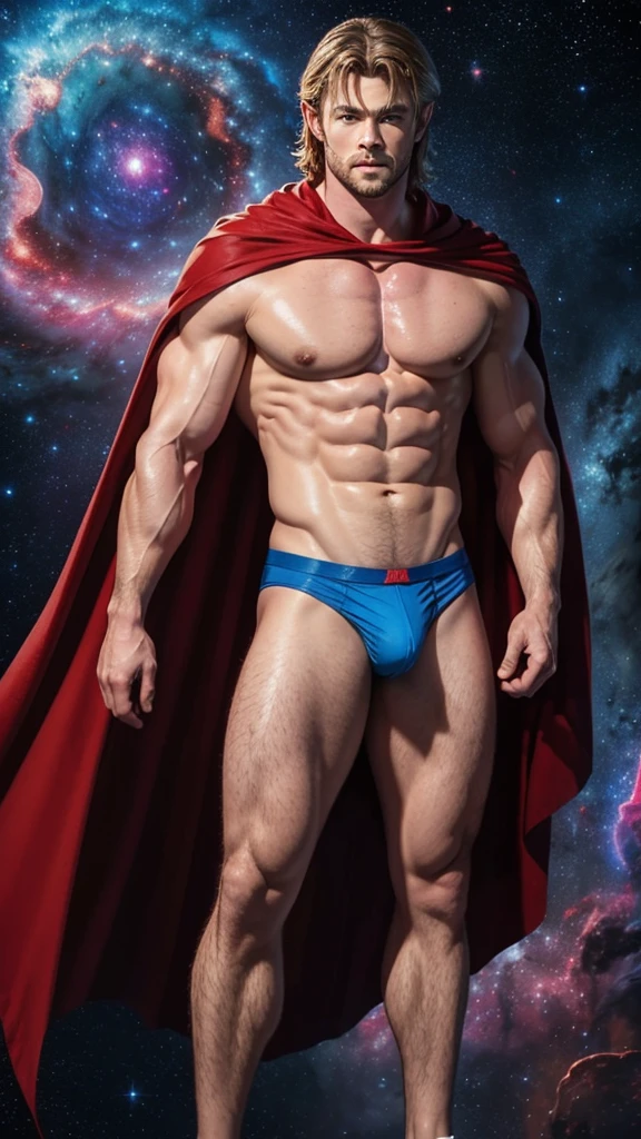 Chris Hemsworth with gorgeous blue eyes, shirtless with no pants on wearing a red cape with a thick large rainbow jockstrap hairy legs, sweating, detailed face with clean lines, with a cosmic space nebula background