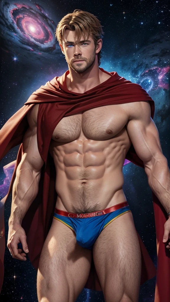 Chris Hemsworth with gorgeous blue eyes, shirtless with no pants on wearing a red cape with a thick large rainbow jockstrap hairy legs, sweating, detailed face with clean lines, with a cosmic space nebula background