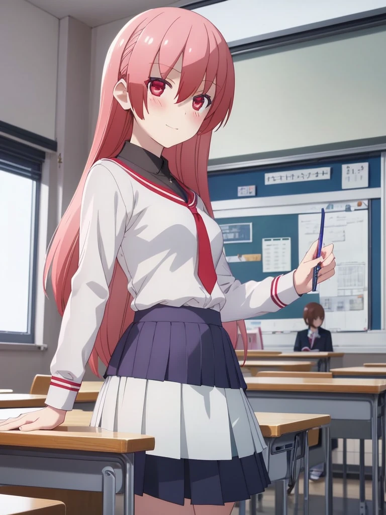 Tsukasa, 1girl, as a highschool girl, wearing highschool uniform with white shirt and blue skirt, at a classroom,, 8k, high detailed, high quality