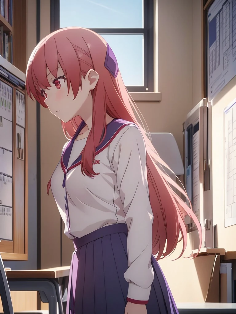 Tsukasa, 1girl, as a highschool girl, wearing highschool uniform with white shirt and blue skirt, at a classroom,, 8k, high detailed, high quality