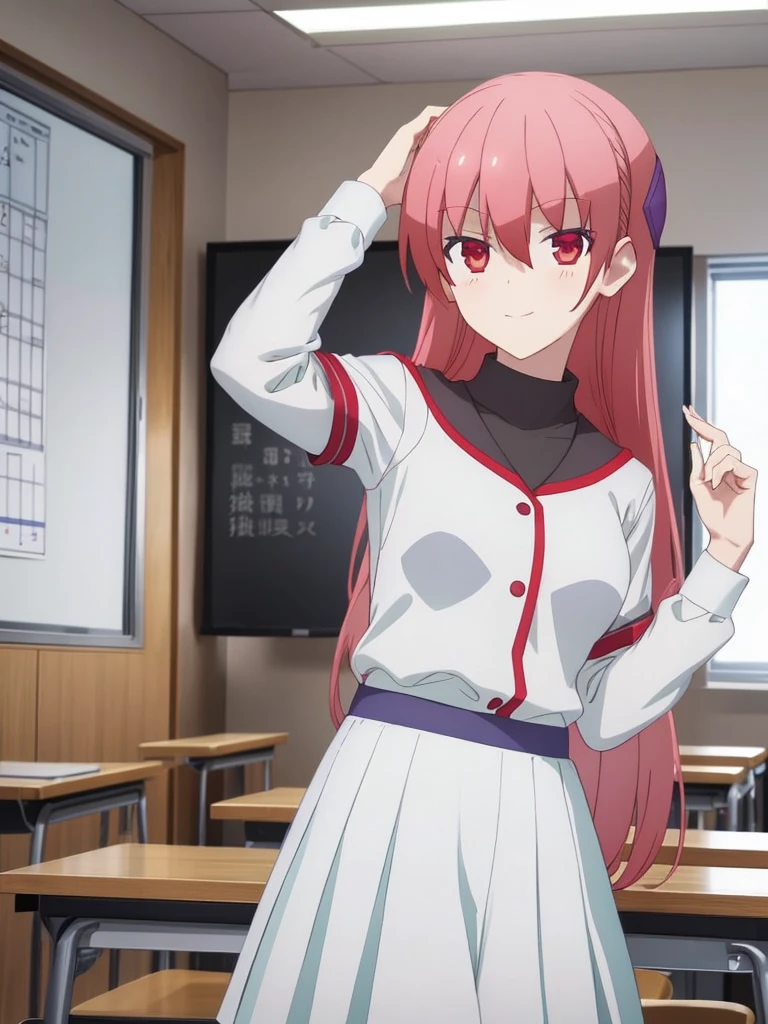 Tsukasa, 1girl, as a highschool girl, wearing highschool uniform with white shirt and blue skirt, at a classroom,, 8k, high detailed, high quality