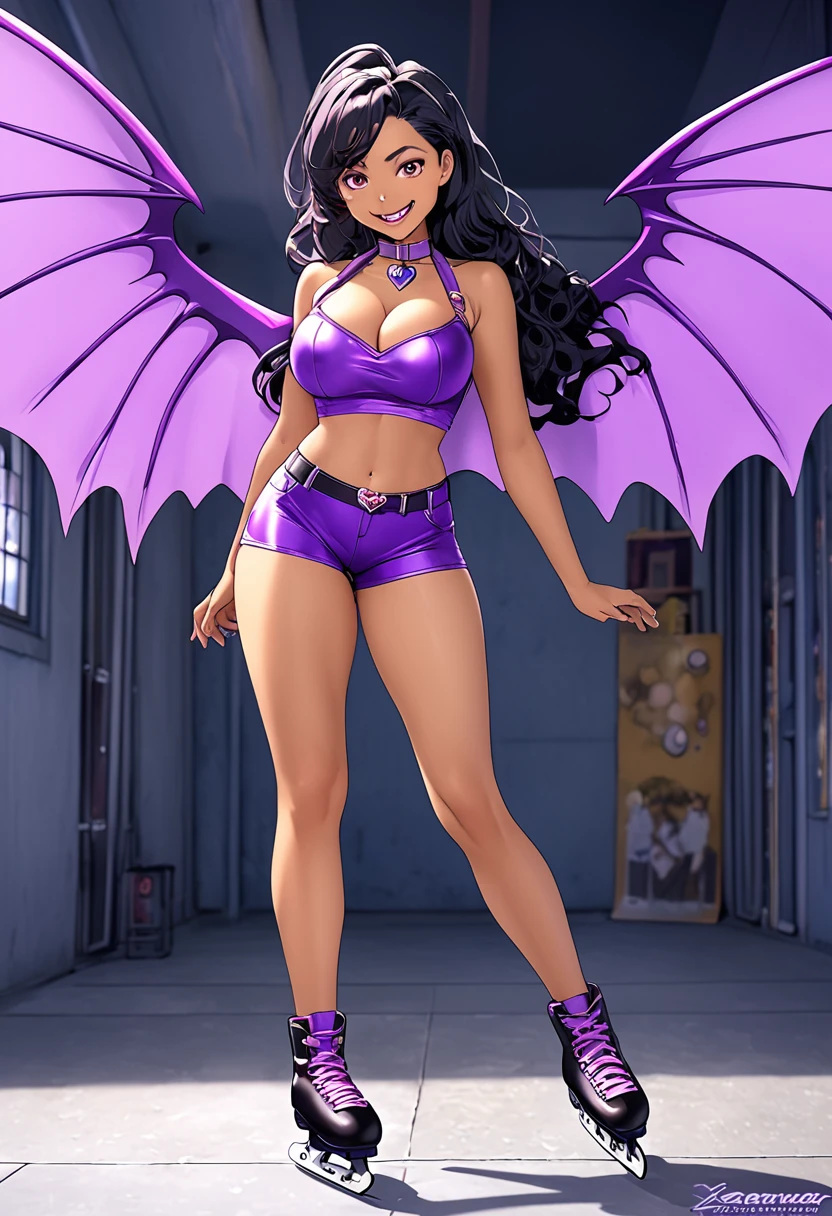 (connie maheswaran cosplaying as lilica felchenerow (arcana heart), (skates, gold sleeveless parka:1.2, purple tube top, purple spandex shorts, purple collar, bat wings), ((masterpiece,best quality, hyper-hdr, 8k uhd, hyper-detailed)), connie maheswaran, long hair, black hair, pink blade, fangs, full shot, smile, big breast, age 25, sensual pin-up, flirty cleavage tease