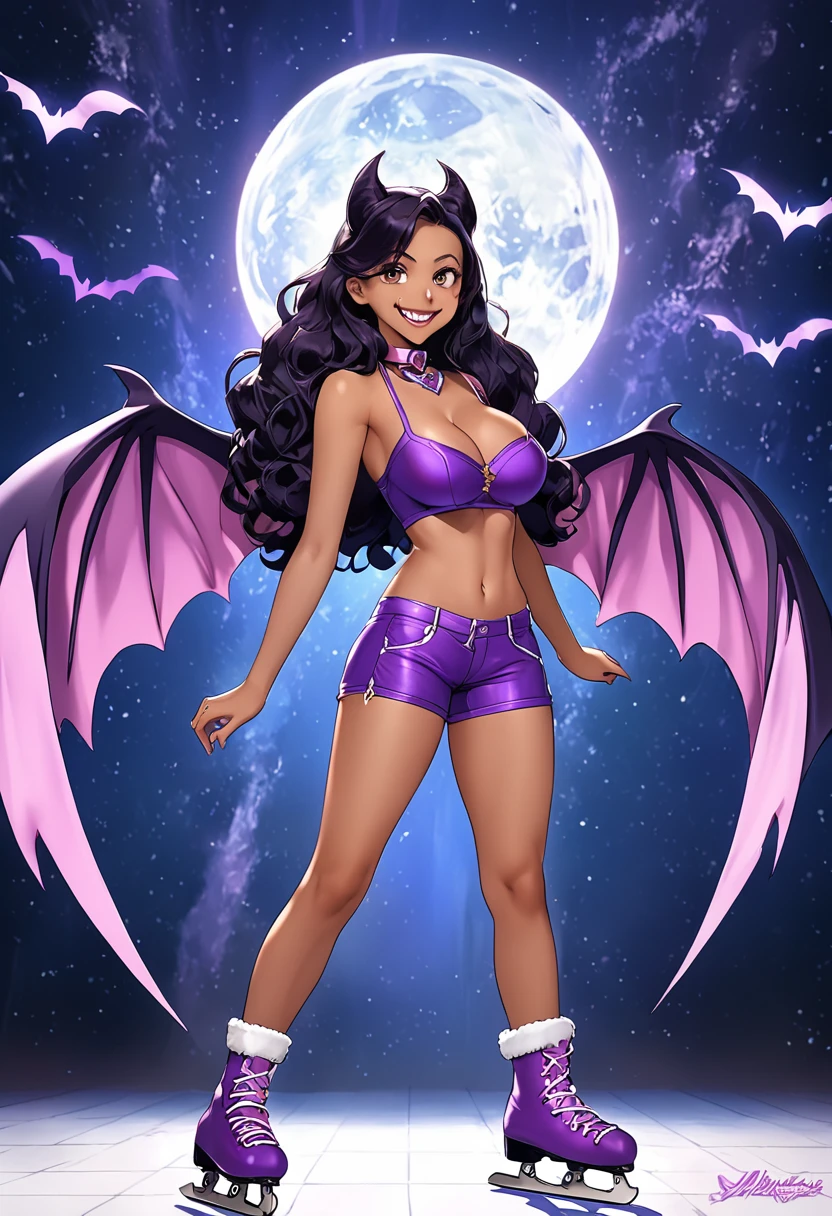 (connie maheswaran cosplaying as lilica felchenerow (arcana heart), (skates, gold sleeveless parka:1.2, purple tube top, purple spandex shorts, purple collar, bat wings), ((masterpiece,best quality, hyper-hdr, 8k uhd, hyper-detailed)), connie maheswaran, long hair, black hair, pink blade, fangs, full shot, smile, big breast, age 25, sensual pin-up, flirty cleavage tease