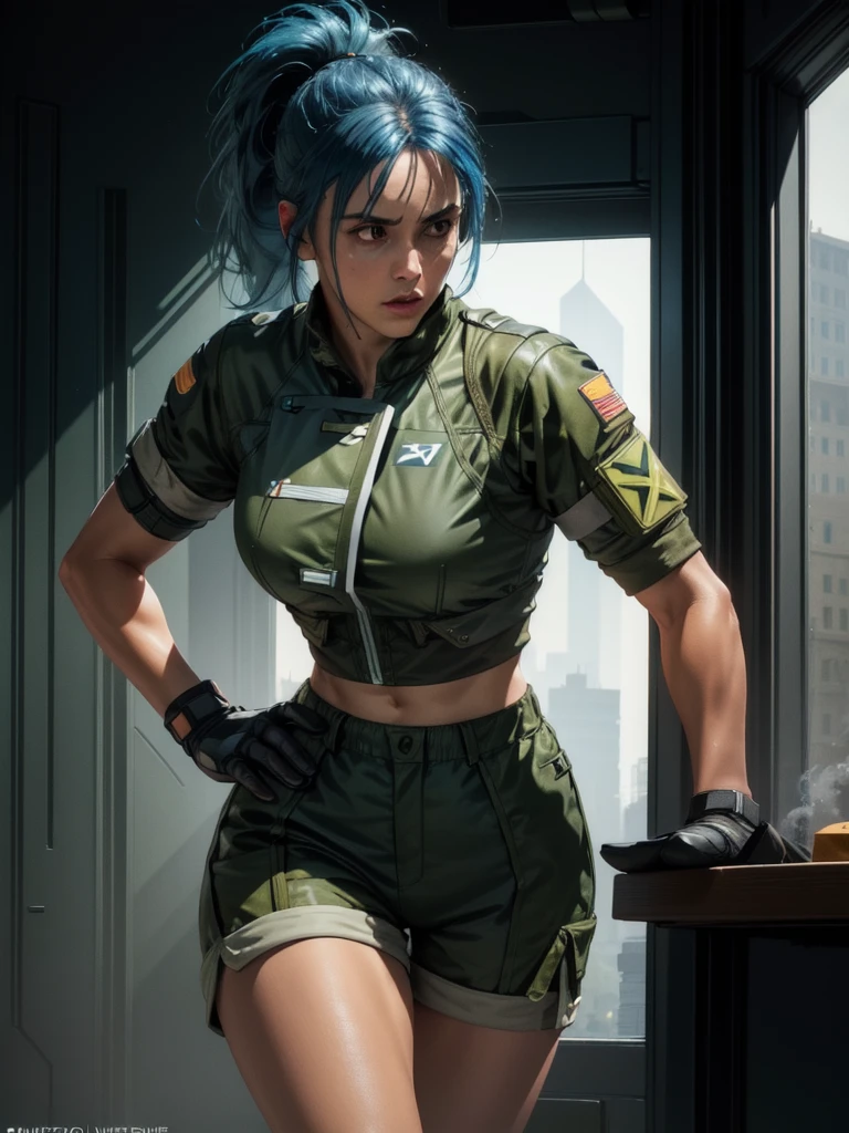 30-year-old woman, alone, athletic, blue hair tied in a ponytail, wears green military shorts, wears a green military top, wears dark gloves, has military boots, high resolution, perfect image, very detailed, high contrast, colors digital, simple, medium shot, cinematic, ultra-sharp focus, award-winning photography, perfect contrast, high sharpness, depth of field, ultra-detailed photography. global illumination, fluid, ultra high definition, 8k, Unreal Engine 5, ultra sharp focus, award-winning photography, Art Season Trends,