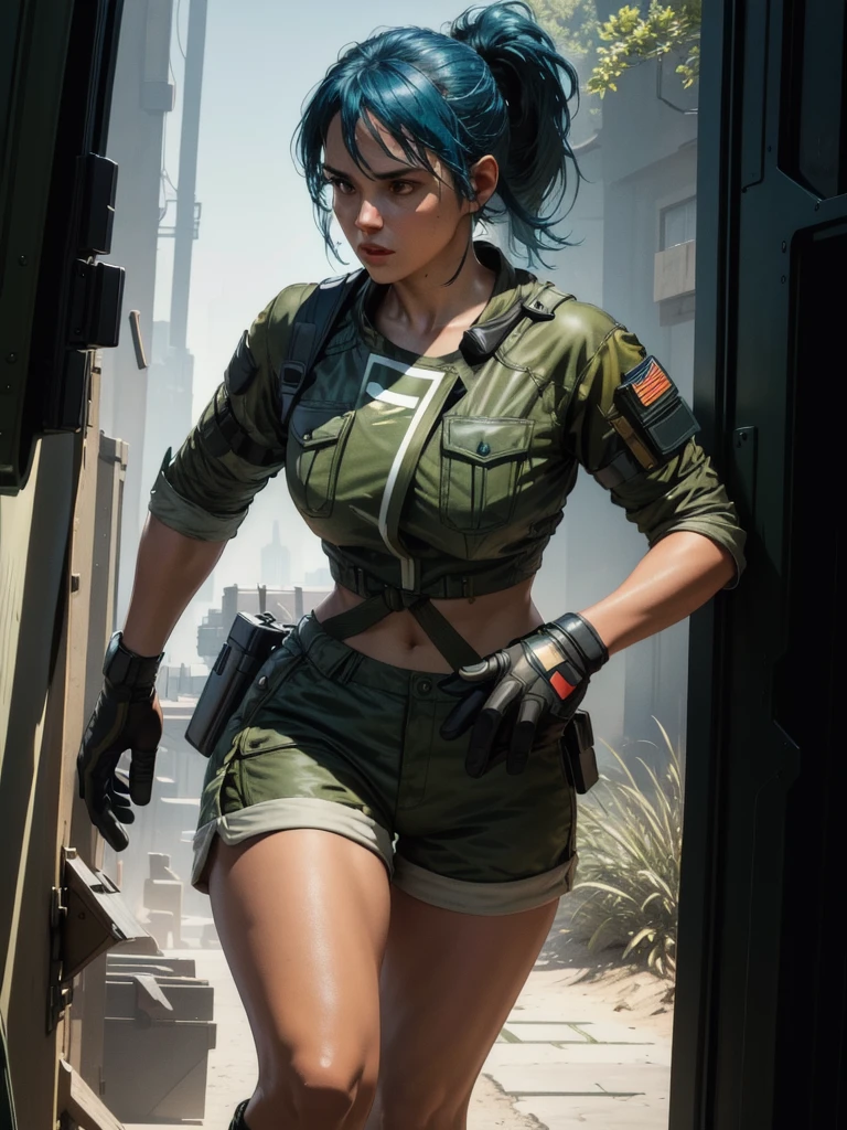 30-year-old woman, alone, athletic, blue hair tied in a ponytail, wears green military shorts, wears a green military top, wears dark gloves, has military boots, high resolution, perfect image, very detailed, high contrast, colors digital, simple, medium shot, cinematic, ultra-sharp focus, award-winning photography, perfect contrast, high sharpness, depth of field, ultra-detailed photography. global illumination, fluid, ultra high definition, 8k, Unreal Engine 5, ultra sharp focus, award-winning photography, Art Season Trends,
