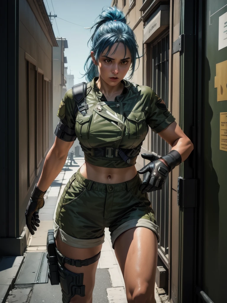 30-year-old woman, alone, athletic, blue hair tied in a ponytail, wears green military shorts, wears a green military top, wears dark gloves, has military boots, high resolution, perfect image, very detailed, high contrast, colors digital, simple, medium shot, cinematic, ultra-sharp focus, award-winning photography, perfect contrast, high sharpness, depth of field, ultra-detailed photography. global illumination, fluid, ultra high definition, 8k, Unreal Engine 5, ultra sharp focus, award-winning photography, Art Season Trends,
