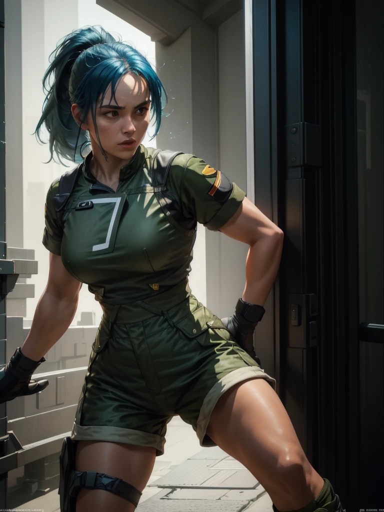 30-year-old woman, alone, athletic, blue hair tied in a ponytail, wears green military shorts, wears a green military top, wears dark gloves, has military boots, high resolution, perfect image, very detailed, high contrast, colors digital, simple, medium shot, cinematic, ultra-sharp focus, award-winning photography, perfect contrast, high sharpness, depth of field, ultra-detailed photography. global illumination, fluid, ultra high definition, 8k, Unreal Engine 5, ultra sharp focus, award-winning photography, Art Season Trends,
