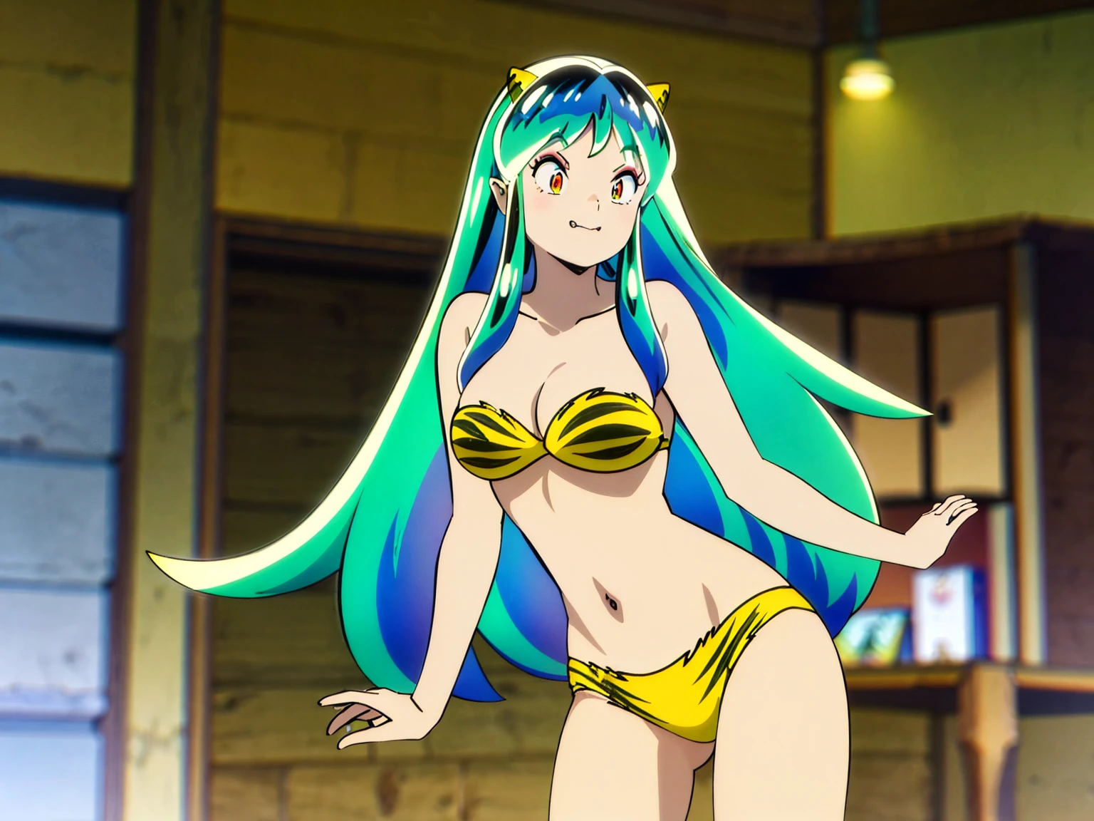 Tabletop, Highest quality, Ultra-high resolution, Highest quality, Anime Style, Alien Girl, They are, , Attractive girl, Long Green Hair, Yellow horn, Ram, Ram_Bikini, Yellow tabby bikini, A carefree smile, Animated facial expressions, Face Focus, close, pov