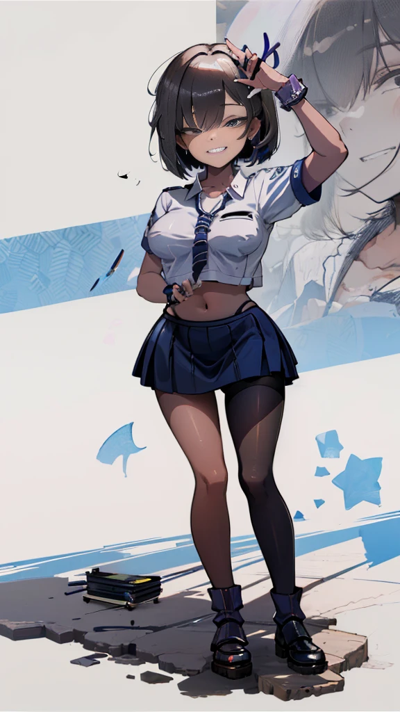 (8K、Best image quality、Highest quality、masterpiece)、Detailed face、((One ))、Black Hair、Bobcut、Blunt bangs、Bright Blue Eyes、Wicked Smile、((Grin))、((Small breasts))、Police hat、((Female police officer))、((Pencil Mini Skirt))、Black Pantyhose、Cowboy Shot、salute、Urban Background