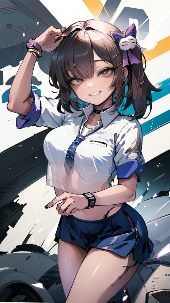 (8K、Best image quality、Highest quality、masterpiece)、Detailed face、((One ))、Black Hair、Bobcut、Blunt bangs、Bright Blue Eyes、Wicked Smile、((Grin))、((Small breasts))、Police hat、((Female police officer))、((Pencil Mini Skirt))、Black Pantyhose、Cowboy Shot、salute、Urban Background