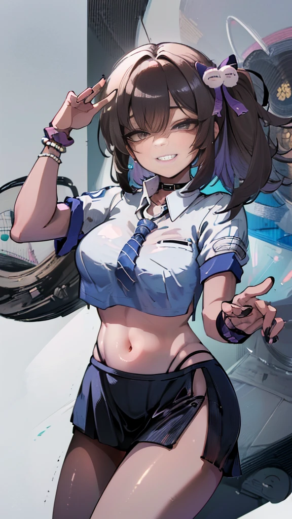 (8K、Best image quality、Highest quality、masterpiece)、Detailed face、((One ))、Black Hair、Bobcut、Blunt bangs、Bright Blue Eyes、Wicked Smile、((Grin))、((Small breasts))、Police hat、((Female police officer))、((Pencil Mini Skirt))、Black Pantyhose、Cowboy Shot、salute、Urban Background