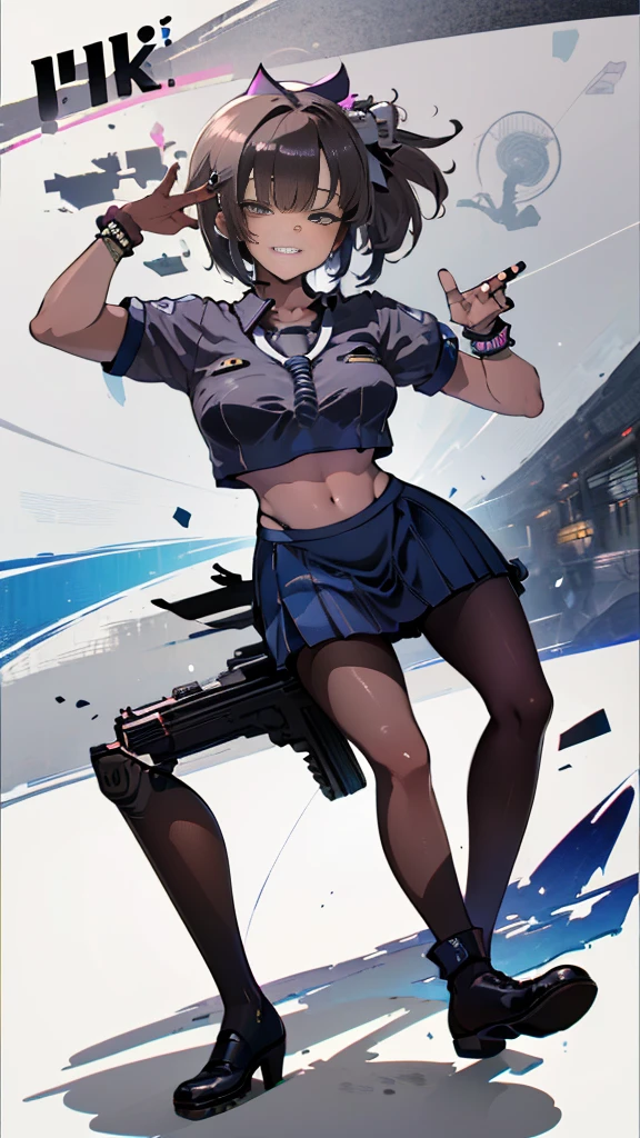 (8K、Best image quality、Highest quality、masterpiece)、Detailed face、((One ))、Black Hair、Bobcut、Blunt bangs、Bright Blue Eyes、Wicked Smile、((Grin))、((Small breasts))、Police hat、((Female police officer))、((Pencil Mini Skirt))、Black Pantyhose、Cowboy Shot、salute、Urban Background