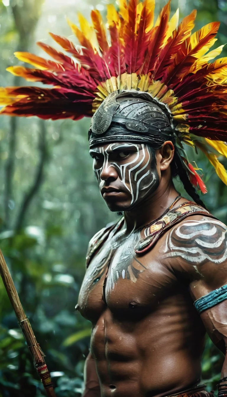 plano general, cuerpo entero, floración, monocromo, bosquejo de tinta,  (salpicaduras de tinta abstracta:1.2), Fondo blanco, a guerrero indio americano, indigenous american warrior, detailed face and body, wearing tribal headdress, holding spear, in jungle landscape, mist, sunlight filtering through trees, lush foliage, intricate patterns on clothing, muscular physique, intense expression, ultra-detailed, 8k, photorealistic, dramatic lighting, vibrant colors, cinematic composition, pose de lucha