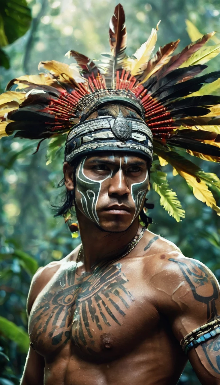 plano general, cuerpo entero, floración, monocromo, bosquejo de tinta,  (salpicaduras de tinta abstracta:1.2), Fondo blanco, a guerrero indio americano, indigenous american warrior, detailed face and body, wearing tribal headdress, holding spear, in jungle landscape, mist, sunlight filtering through trees, lush foliage, intricate patterns on clothing, muscular physique, intense expression, ultra-detailed, 8k, photorealistic, dramatic lighting, vibrant colors, cinematic composition, pose de lucha