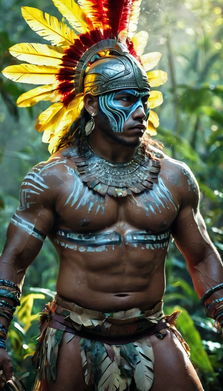 plano general, cuerpo entero, floración, monocromo, bosquejo de tinta,  (salpicaduras de tinta abstracta:1.2), Fondo blanco, a guerrero indio americano, indigenous american warrior, detailed face and body, wearing tribal headdress, holding spear, in jungle landscape, mist, sunlight filtering through trees, lush foliage, intricate patterns on clothing, muscular physique, intense expression, ultra-detailed, 8k, photorealistic, dramatic lighting, vibrant colors, cinematic composition, pose de lucha