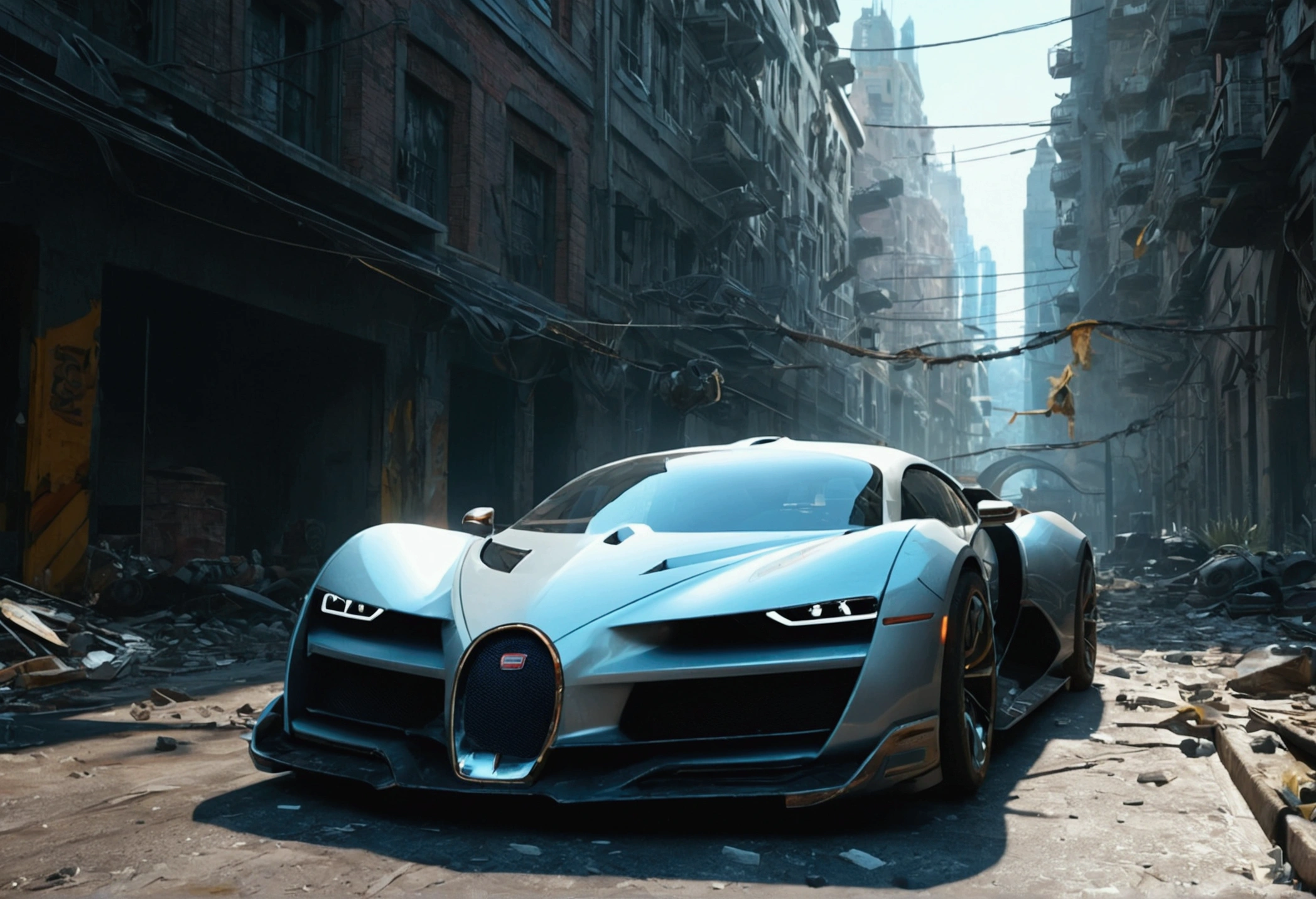 "Generate an ultra-detailed 4k CGI masterpiece (1.2 aspect ratio) featuring a hyper car prototype in a futuristic, post-apocalyptic city. Include (((highly detailed))) elements like ruins, shattered glass, and decaying buildings. Utilize cinematic lighting with chiaroscuro and ray tracing for the (((best quality))). Create a highly atmospheric scene with vibrant colors, dynamic shadows, and reflections. Incorporate futuristic technology, sleek lines, and powerful engines for a (((masterpiece))). Add a sense of danger, speed, and adrenaline rush through motion blur and dynamic perspective. Three related artists are Beeple, Mike Winkelmann, and Vitaly Bulgarov."