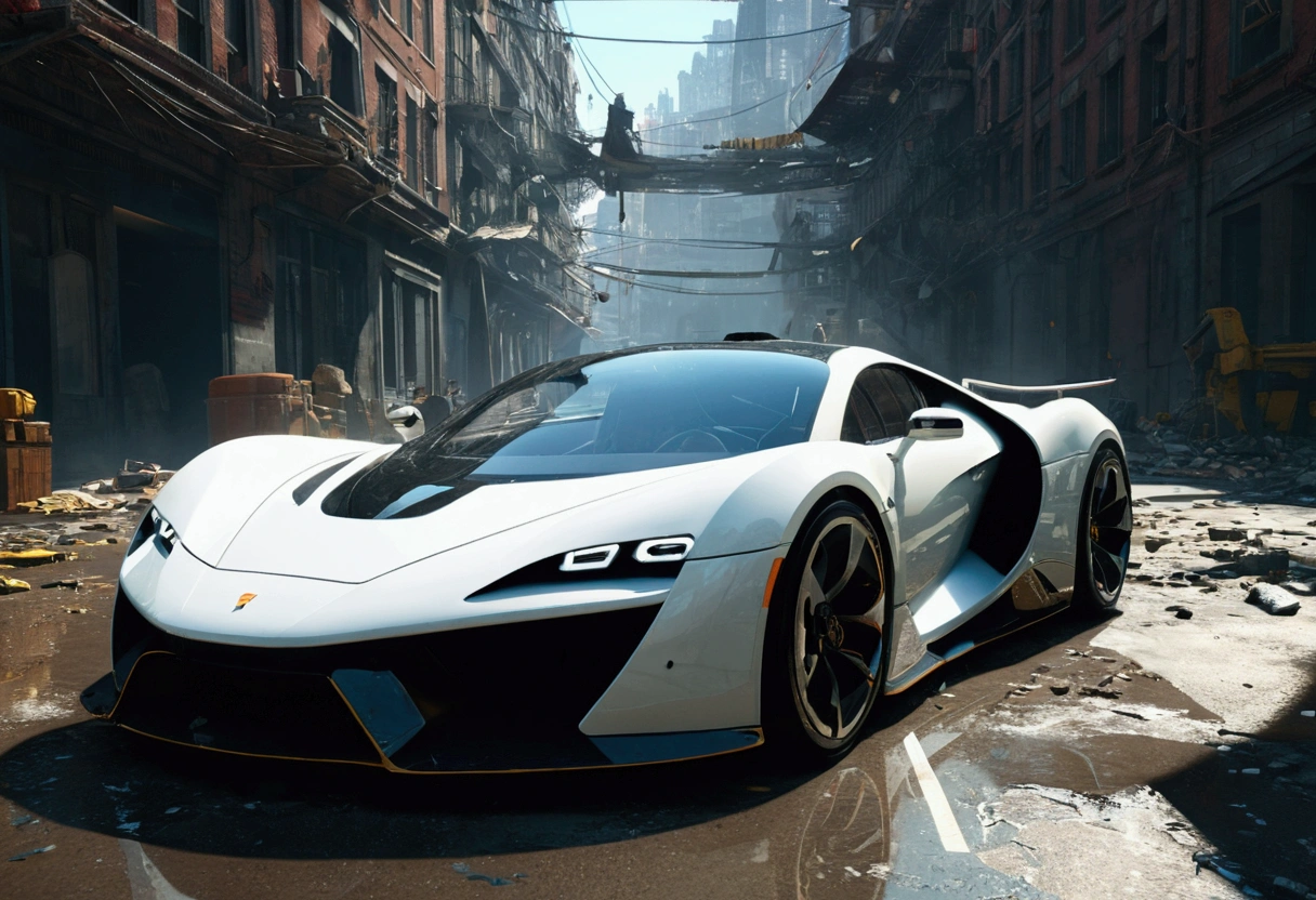 "Generate an ultra-detailed 4k CGI masterpiece (1.2 aspect ratio) featuring a hyper car prototype in a futuristic, post-apocalyptic city. Include (((highly detailed))) elements like ruins, shattered glass, and decaying buildings. Utilize cinematic lighting with chiaroscuro and ray tracing for the (((best quality))). Create a highly atmospheric scene with vibrant colors, dynamic shadows, and reflections. Incorporate futuristic technology, sleek lines, and powerful engines for a (((masterpiece))). Add a sense of danger, speed, and adrenaline rush through motion blur and dynamic perspective. Three related artists are Beeple, Mike Winkelmann, and Vitaly Bulgarov."