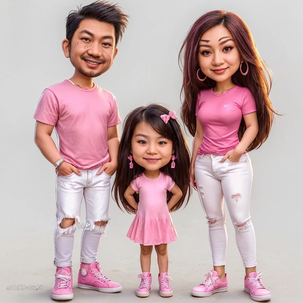 caricature  4D realistic with large heads. On the left, depict an adult Indonesian Asian man wearing a pink t-shirt, ripped white jeans, and white sneakers. On the right, depict an adult Indonesian Asian woman with long hair, wearing a pink t-shirt, white jeans, and pink high heels. In the middle, show a 3-year-old Indonesian Asian girl wearing a pink dress and pink shoes. They are standing side by side, smiling and showing a sense of camaraderie and familiarity. The background should be cool with musical elements, high quality photo, 8K, realistic