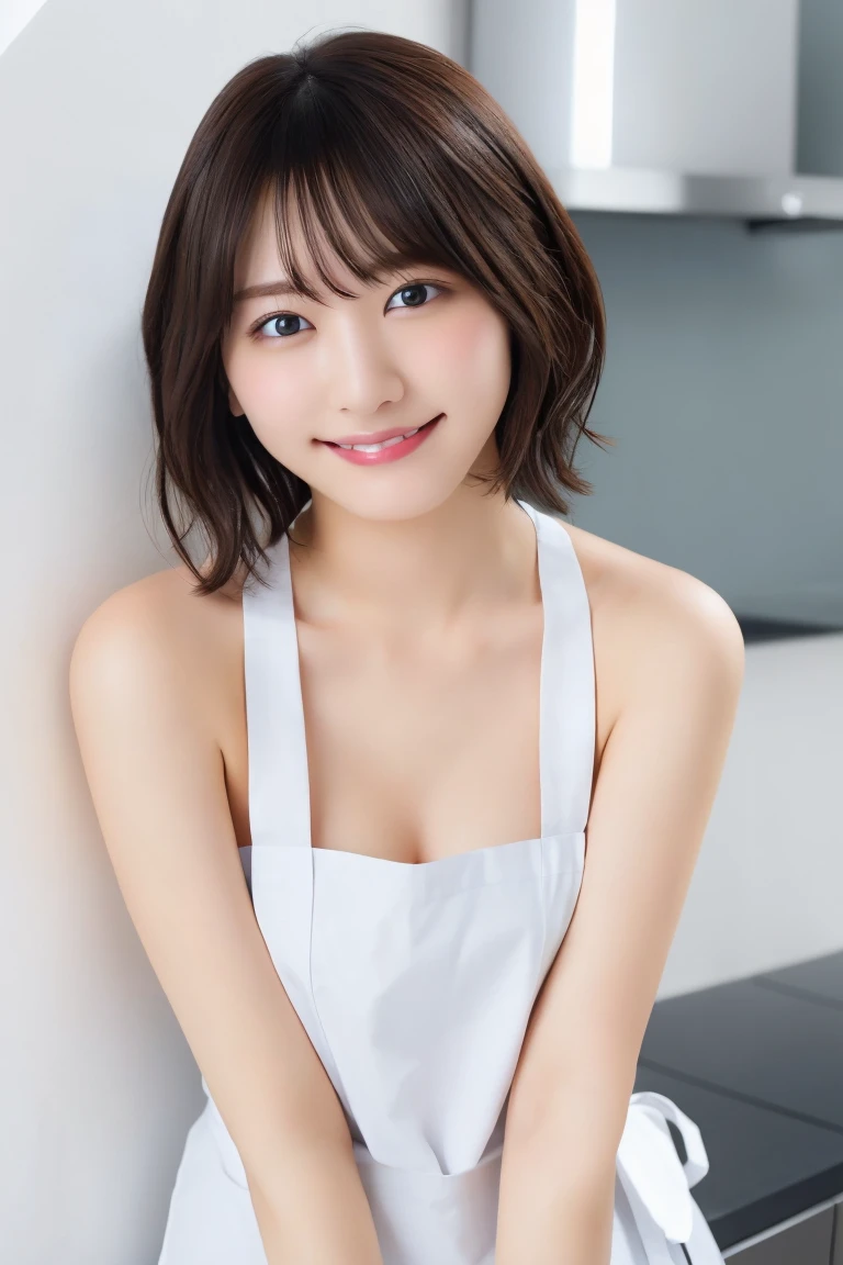 (8K highest image quality)、（beautiful）、Accurate Eyes、Fine skin、22-year-old female、Brown eyes、Soft looking breasts、Brown Hair、looking at the camera、Completely naked、Semi-short hair、Naked Apron、smile、Leaning forward、Showing nipples、bangs