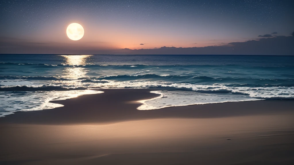 "A serene nighttime beach scene. A girl sits on the sandy shore, her headphones on, lost in the rhythm of the music. She wears a beautiful frock, the gentle waves almost touching her toes. Above her, the night sky is adorned with twinkling stars and a luminous moon, casting a soft glow over the tranquil scene. She looks completely relaxed, absorbed in her own world of melodies."