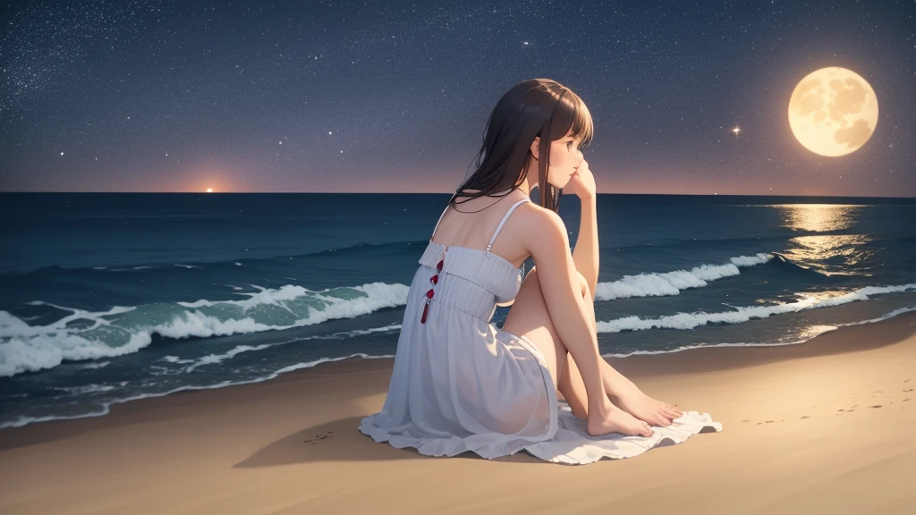 "A serene nighttime beach scene. A girl sits on the sandy shore, her headphones on, lost in the rhythm of the music. She wears a beautiful frock, the gentle waves almost touching her toes. Above her, the night sky is adorned with twinkling stars and a luminous moon, casting a soft glow over the tranquil scene. She looks completely relaxed, absorbed in her own world of melodies."