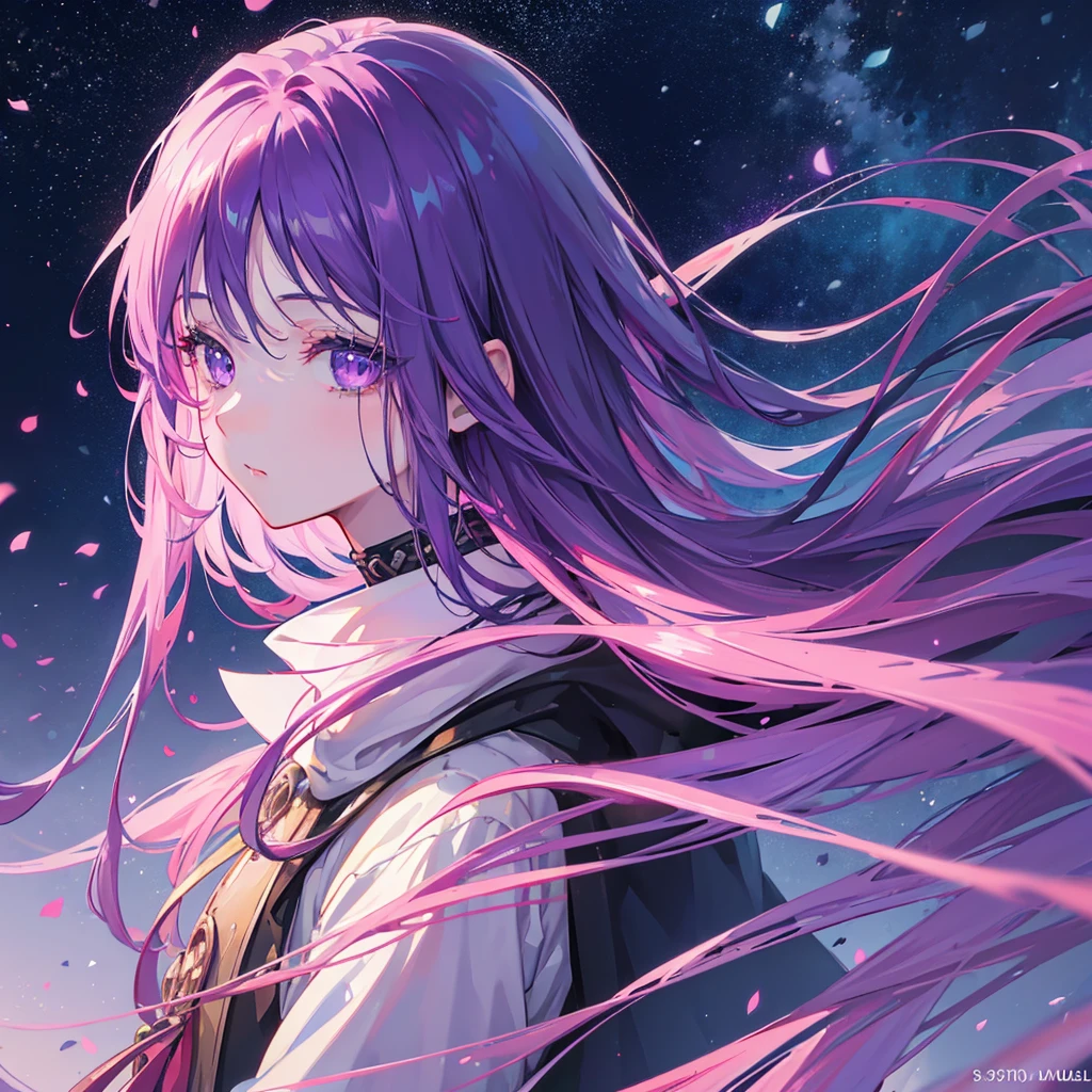 a beautiful girl with long purple hair, delicate facial features, mesmerizing purple eyes, lush eyelashes, small cute nose, full pink lips, fair skin, loose hair, wearing a black coat, standing next to a square, moonlight interacting with the plants nearby, (best quality, 4k, 8k, high resolution, masterpiece: 1.2), ultra-detailed, (realistic, anime style photo, photorealistic: 1.37), cinematic lighting, vibrant colors, intricate details, portrait,