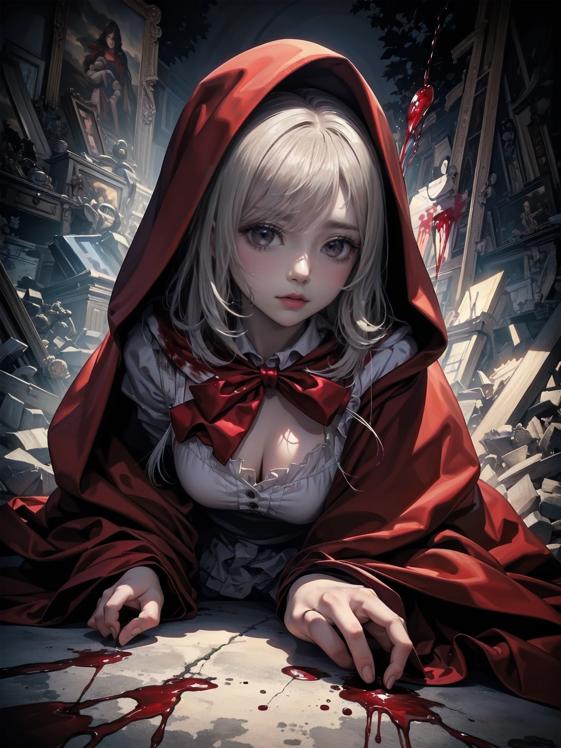 (Highest quality,4K,High resolution,masterpiece:1.2),Super detailed,Realistic:1.37,Portraiture,Dark fantasy,Red color scheme,Soft lighting,Emotional,Enchanted Forest,Ominous atmosphere,Eye-catching,Storytelling,anatomy,Anime Style,Concept Art,Beautiful detailed face and (((Red eyes ))),Flowing Hair,emotional expression,Jewelry made with attention to detail,A cape with an intricate pattern,Strong gaze,Cape with feather detailing,Subtle Shadows,Dynamic pose,A magnificent composition,Mysterious Background,Natural elements,Moonlit Night,wood々The wind blowing between,Eerie presence,Revealing character strengths and weaknesses,A striking contrast between the red cape and its surroundings,Fascinating story,Rich texture,Depth and Dimension,Highlight the charm and resilience of your characters. (((Little Red Riding Hood))), (Blood splatter:1.5)