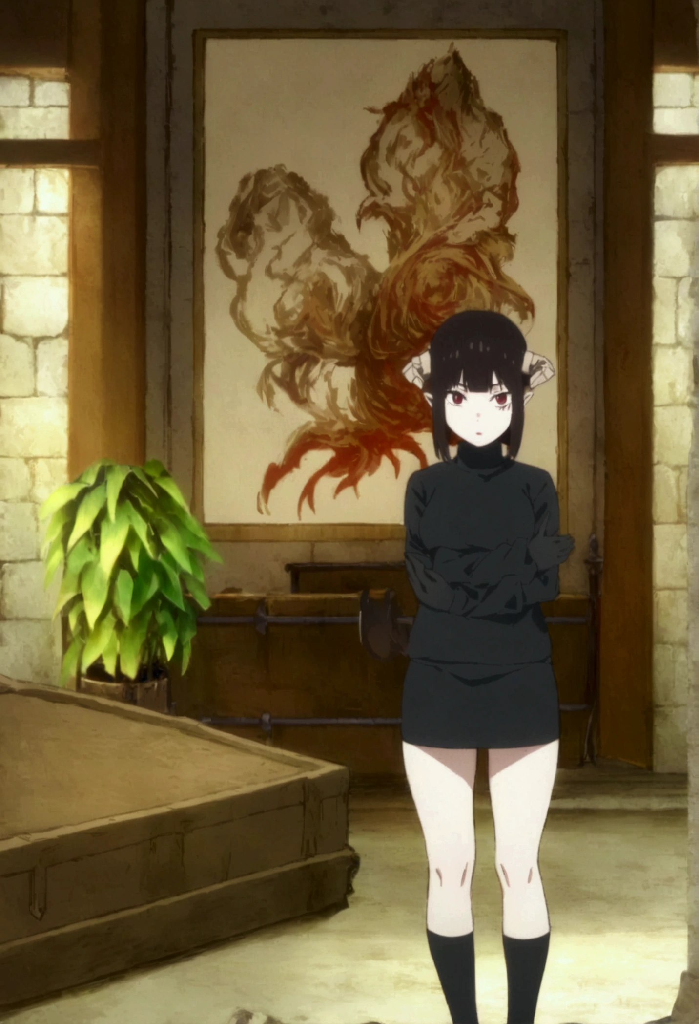 (work of art, ultra detali,high resolution,8K), 1 girl ,standing alone,hinterland,Look to viewer, TochaTortura, trunk,sheen,brunette skin,tight white turtleneck sweatshirt,black socks,standing,brava,horns on head,blushed,face red,arms crossed,room,plant,Eyes red,black short skirt,black glove

