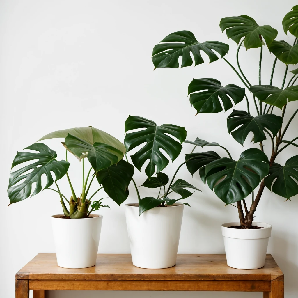 two perfect minimalist monstera leaves in a white pot on a white background