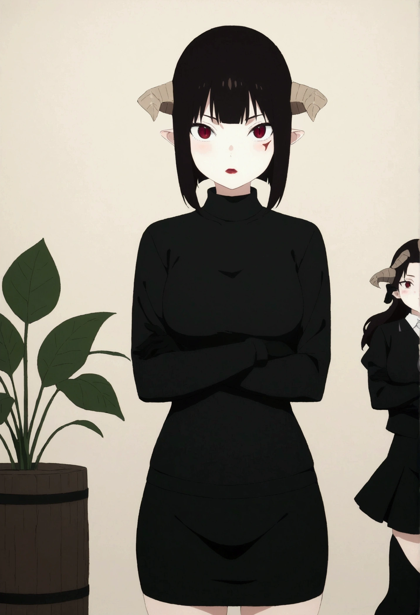 (work of art, ultra detali,high resolution,8K), 1 girl ,standing alone,hinterland,Look to viewer, TochaTortura, trunk,sheen,brunette skin,tight white turtleneck sweatshirt,black socks,standing,brava,horns on head,blushed,face red,arms crossed,room,plant,Eyes red,black short skirt,black glove