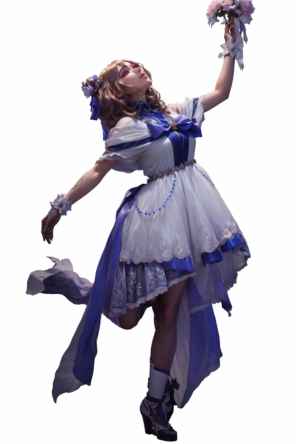 1girl, cosplay, anime character, dancer pose, dance, beautiful detailed eyes, beautiful detailed lips, extremely detailed face and eyes, long eyelashes, intricate detailed dress, flower bride, elegant, graceful, dynamic movement, stage, (best quality,4k,8k,highres,masterpiece:1.2),ultra-detailed,(realistic,photorealistic,photo-realistic:1.37),vivid colors,studio lighting,cinematic lighting,fantasy,soft warm lighting