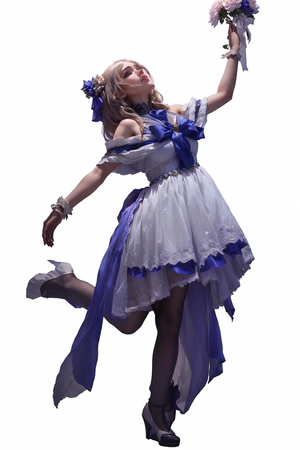 1girl, cosplay, anime character, dancer pose, dance, beautiful detailed eyes, beautiful detailed lips, extremely detailed face and eyes, long eyelashes, intricate detailed dress, flower bride, elegant, graceful, dynamic movement, stage, (best quality,4k,8k,highres,masterpiece:1.2),ultra-detailed,(realistic,photorealistic,photo-realistic:1.37),vivid colors,studio lighting,cinematic lighting,fantasy,soft warm lighting