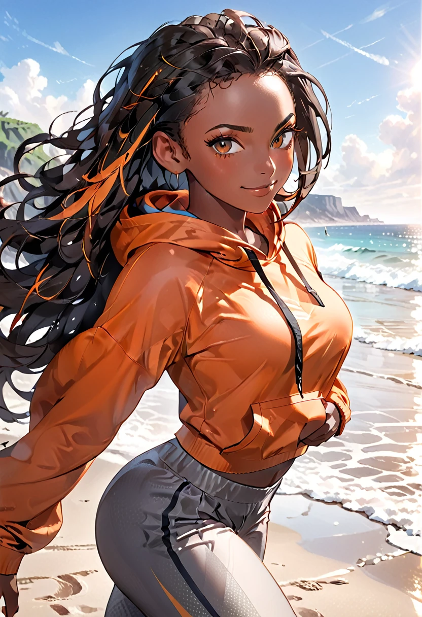 ( black woman, dreadlocks, kickboxer jogging, headphones, beautiful african-caribbean features,  pale orange hoodie,  gray yoga pants, sneakers),  ((((Impossible beauty, screencap, Score_8_up, thickline art, hyper-detail art,  anime coloring, best quality, hyper-hdr, 8k uhd,  hyper absurdres, very aesthetic,  side view)))),(((very dark skin, voluptuous, curvy, strong, shortstack, black hair, soft face, small wide nose, firm medium breast, curvy hips,  wide hips, red and brown heterochromia eyes))), (((((Hyper-stylistic, sharp gradients, deep highlights, hyper exposure, hyper-detailed Beach front background, hyper-detailed smooth textures)))), hyper emotional, ((perfect hands,  hyper perfect , perfect eyes, perfect anatomy, perfect  physiques, amazing skin, hyper-detailed eyes,  hyper-detailed features)), (salaciously smiling, dynamism,   dynamic lighting, dynamic shading, sensual shadowing,  sensual atmosphere)