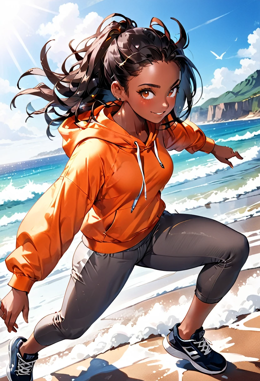( black woman, dreadlocks, kickboxer jogging, headphones, beautiful african-caribbean features,  pale orange hoodie,  gray yoga pants, sneakers),  ((((Impossible beauty, screencap, Score_8_up, thickline art, hyper-detail art,  anime coloring, best quality, hyper-hdr, 8k uhd,  hyper absurdres, very aesthetic,  side view)))),(((very dark skin, voluptuous, curvy, strong, shortstack, black hair, soft face, small wide nose, firm medium breast, curvy hips,  wide hips, red and brown heterochromia eyes))), (((((Hyper-stylistic, sharp gradients, deep highlights, hyper exposure, hyper-detailed Beach front background, hyper-detailed smooth textures)))), hyper emotional, ((perfect hands,  hyper perfect , perfect eyes, perfect anatomy, perfect  physiques, amazing skin, hyper-detailed eyes,  hyper-detailed features)), (salaciously smiling, dynamism,   dynamic lighting, dynamic shading, sensual shadowing,  sensual atmosphere)